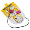 a fellow and black foil pouch with a drawing of a mans torso showing where the training defibrillator pads should be placed. There is a bright pink label with black writing stating training pads 