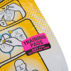 a close up of a bright pink label with black writing stating training pads not for clinical use