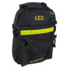 an angled shot of a black backpack labelled in yellow AED with a reflective strip across the middle and branded defibtech