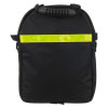 a back view of the black backpack with a reflective strip across the middle with a rubberised grip handle at the top of the bag