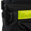 a close up image of the zip, strap loop and reflective strip on the side of the backpack