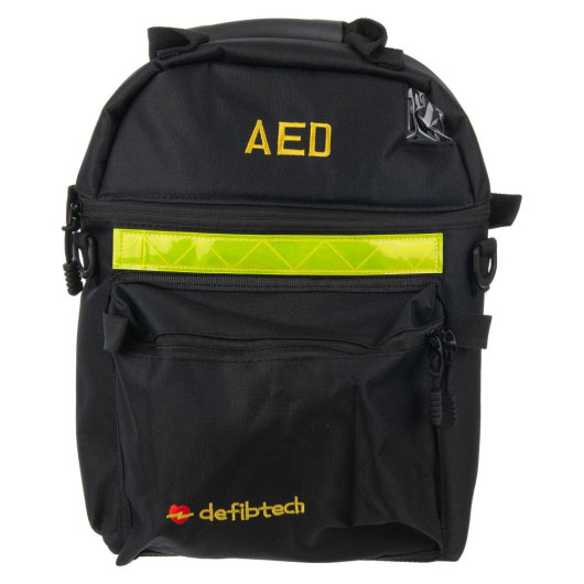 a front shot of the black backpack has a reflective strip across the middle with yellow text saying AED and branded defibtech