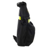 a side view of th e black carry case with the reflective strips seen on the front and back wrapping around the sides of the black bag