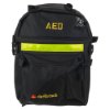defibtech lifeline aed auto defibrillator soft carry case shown from the front with black fabric and yellow lettering