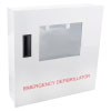 an angled front view of a white metal cabinet, there is a rectangular clear viewing panel and emergency defibrillator is written in capitalised red text