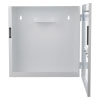 a square shaped white metal cabinet with a hook at the back to hand a defib from its handle or carry case, the door is open at a 90 degree angle