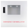 front view of a white metal cabinet, there is a rectangular clear viewing panel and emergency defibrillator is written in capitalised red text