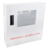 angled view of defibtech lifeline aed automatic defibrillator wall cabinet in white with window and red emergency defibrillator text