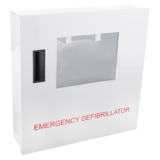 Defibtech Lifeline Aed Automatic Defibrillator Wall Cabinet angled view of defibtech lifeline aed automatic defibrillator wall cabinet in white with window and red emergency defibrillator text