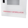 bottom part of a defibtech lifeline aed automatic defibrillator wall cabinet with emergency defibrillator text in red