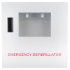 Front view of defibtech lifeline aed automatic defibrillator wall cabinet with window and handle showing emergency defibrillator text