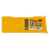 a yellow rectangular battery on the right hand side there is black writing saying defibtech and the manufacturers address and ce marking there are also black and white barcodes visible
