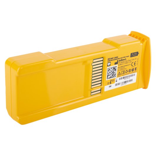 angled view of the defibtech lifeline aed auto high capacity battery showing its yellow casing and label