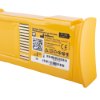 Closeup of a defibtech lifeline aed auto high capacity battery showing the yellow casing and label with product details