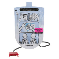Stjdaedpt Defibtech Lifeline Aed Paediatric Training Pads Front a pale blue and black foil pouch with a drawing of a boys torso showing where the training defibrillator pads should be placed. There is a bright pink label with black writing stating training pads