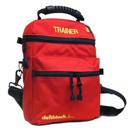 the defibtech lifeline AED trainer carry case in red with bright yellow letters switched in the top saying "TRAINER"