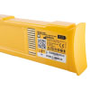 close up shot of a yellow rectangular battery with a qr code for further information, ce marking, manufacturer and address 