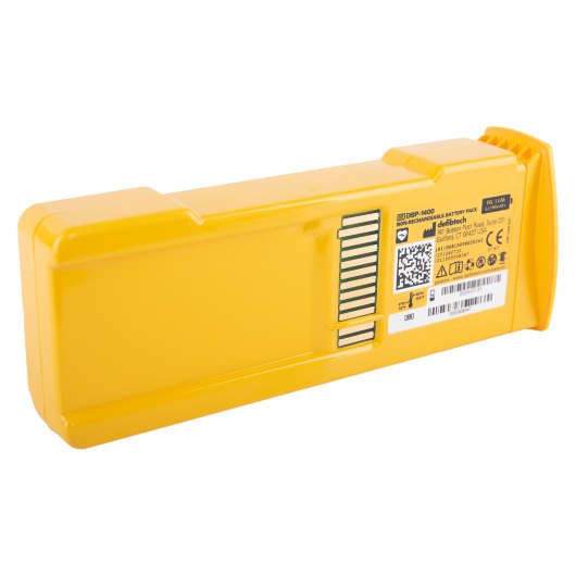 Defibtech Lifeline Aed Auto Standard Battery angled view of the defibtech lifeline aed auto standard battery showing connectors and label on a yellow casing