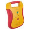 a side view of a trainer unit in bright yellow and red mimicking the look of a defibtech lifeline aed with green power button and red shock button 