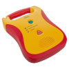 a angled flat view of the defibtech lifeline trainer unit in mostly yellow with red edging with green power and red shock buttons