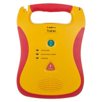 Stjdaedtu Defibtech Lifeline Aed Trainer Unit Front a front view of the defibtech lifeline trainer unit in mostly yellow with red edging with green power and red shock buttons
