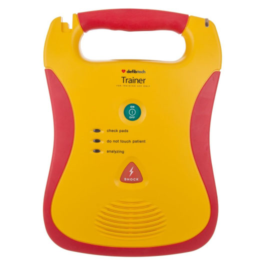 a front view of the defibtech lifeline trainer unit in mostly yellow with red edging with green power and red shock buttons