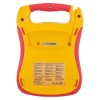 Back of defibtech lifeline aed trainer unit showing yellow casing with red handle and safety instructions label