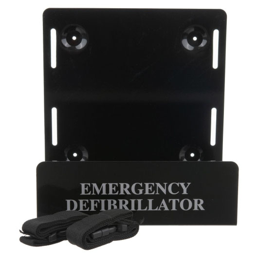 a front image of a black metal mounting bracket for a defibrillator, there are 4 drill holes at the back and at the front is says emergency defibrillator in silver text with 2 black webbing straps rolled up used to secure the defibrillator in place