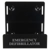 a front image of a black metal mounting bracket for a defibrillator, there are 4 drill holes at the back and at the front is says emergency defibrillator in silver text
