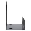 an off centre U shaped black metal bracket, flat at the bottom and taller on the left hand side the right comes about one third the way up 