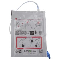 defisign life adult defibrillator pads showing the front of the sealed package with instructions and connectors visible