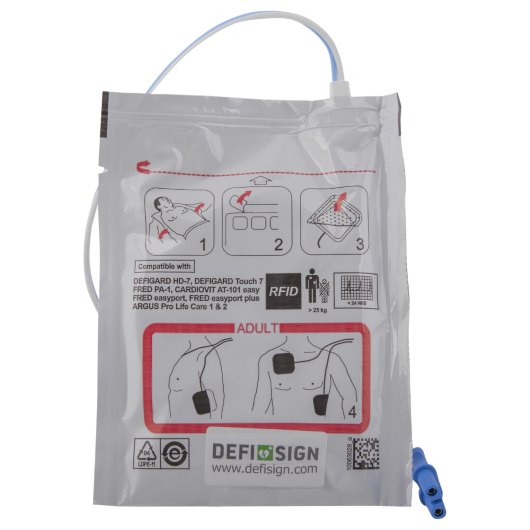 defisign life adult defibrillator pads showing the front of the sealed package with instructions and connectors visible