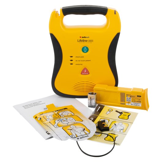 Defibtech Lifeline Semi Automatic Defibrillator 5 Year Battery defibtech lifeline semi automatic defibrillator with battery, pads, instructions and accessory kit shown from front