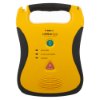 Front view of defibtech lifeline semi automatic defibrillator showing yellow device with handle and control buttons