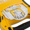 defibtech lifeline semi automatic defibrillator showing pads inserted with illustrated placement guide on yellow device