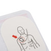 a close up image of an oval pad showing the correct pad placement above the right chest with a red arrow to show the correct placement