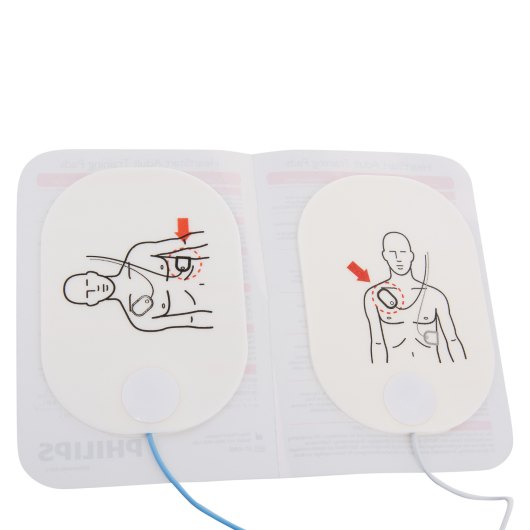 philips heartstart fr2 trainer 2 defibrillator adult training pads shown angled with illustrations of pad placement on a torso