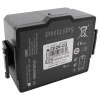 a front shot of a square shaped black battery, there is writing grey showing the make and model which is Phillips heartstart, there is the manufactures address and the install begore date shown