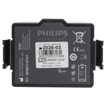 Stjfr3Bat Philips Heartstart Fr3 Battery Front a front shot of a square shaped black battery, there is writing grey showing the make and model which is Phillips heartstart, there is the manufactures address and the install begore date shown