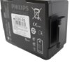 Close up clip of the front angled side of a philips heartstart fr3 battery showing label and connector
