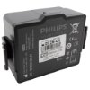close up angled view of the philips heartstart fr3 battery front showing label and warnings