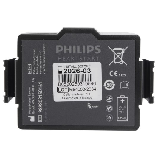 Front view of the philips heartstart fr3 battery showing labels and safety symbols