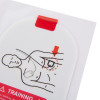 a close up image of an oval pad showing the correct pad placement on the left hand side of the body below the chest and above the navel with a red arrow to show the correct placement