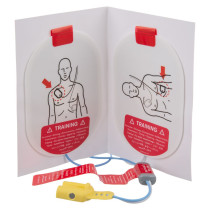 Stjfrxrtp Philips Heartstart Frx Replacement Defibrillator Training Pads Front set of two oval pads with a black drawn image of a mans torso showing the correct pad placement in front of this is a blue and white wire with a yellow connector block