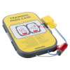 grey case with yellow label showing the pad placement for training purposes. The text says training pads case and there are 2 wire, one blue and one white leading to a yellow connector block