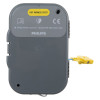 the back of a grey case with white text showing that it is CE marked that a user manual should be read for more information and the manufacturers name Philips