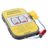 Angled view of the Philips HeartStart FRx defibrillator training pads II cartridge with yellow case and instructional illustrations