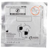 a silver foil square package with a white label with black writing staring they are training electrodes, and the manufacturers name and address. it also has an infographic showing the correct pad placement on the torso 