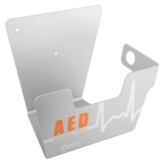 Cardiac Science Powerheart AED G3 wall storage sleeve shown at an angled view with AED and heartbeat design visible