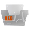 silver metal bracket for a defib to sit in. on the front in orage writing in says AED Automated External Defibrillator and in white wring it has the manufacturers logo and the words cardiac science
